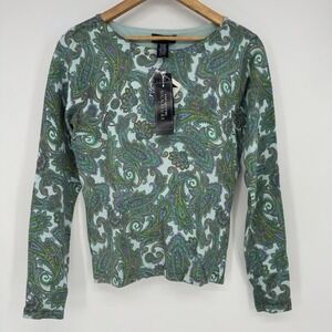 90s Jones NY Paisley Long Sleeve Top Aqua Blue‎ Purple Women's SM NEW Silk Blend